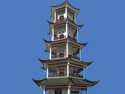 Chinese Classical Multi Story Tower With White Body Green Roof And Eaves Against Blue Sky 3d model