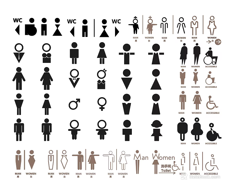 WC Restroom Signs With Male Female Accessible And Various Design Icons 3d model 