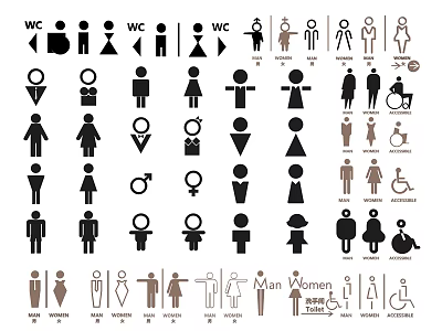 WC Restroom Signs With Male Female Accessible And Various Design Icons 3d model
