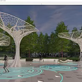 Future Inspired White Tree Structured Sculpture In Plaza With Blue Ground Light Patterns And Pedestrians
