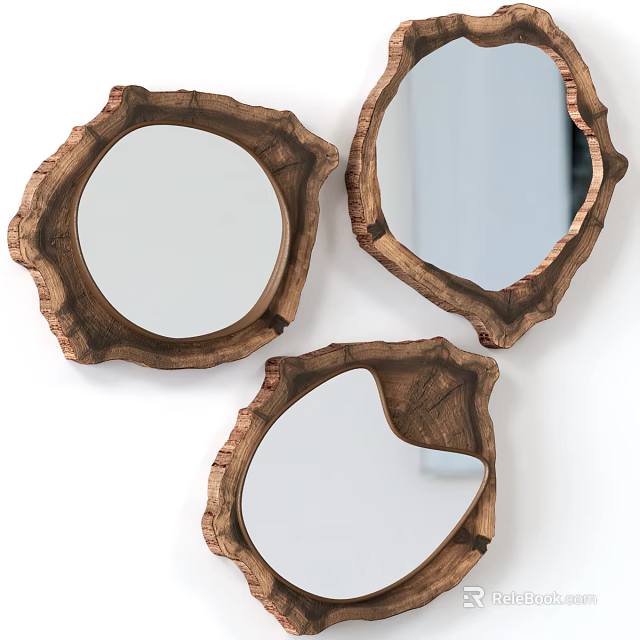 Natural Wooden Mirrors With Irregular Frames Hanging On White Wall Decor 3d model