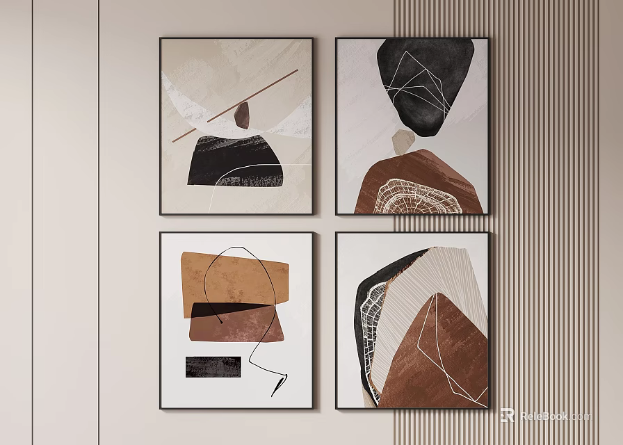 Modern Abstract Paintings on Wall with Four Geometric Shapes and Neutral Tones 3d model 