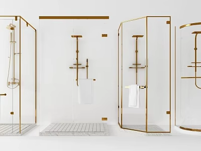 Elegant Shower Enclosure Designs With Glass Panels Gold Fittings And White Walls 3d model