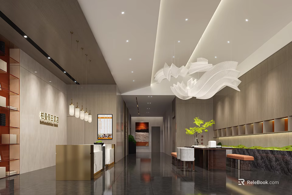 Modern Restaurant Interior With Reception Desk Chandelier Plants And Seating Area 3d model 