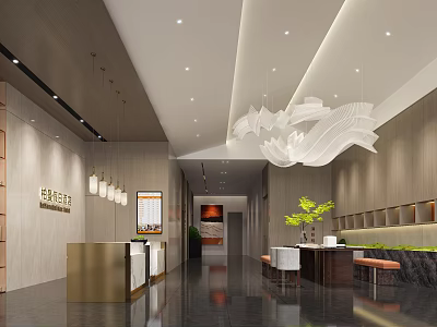 Modern Restaurant Interior With Reception Desk Chandelier Plants And Seating Area 3d model