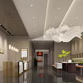 Modern Restaurant Interior With Reception Desk Chandelier Plants And Seating Area
