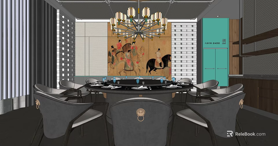 Elegant Private Dining Room Interior With Round Table Chandelier And Decorative Painting 3d model 