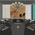 Elegant Private Dining Room Interior With Round Table Chandelier And Decorative Painting