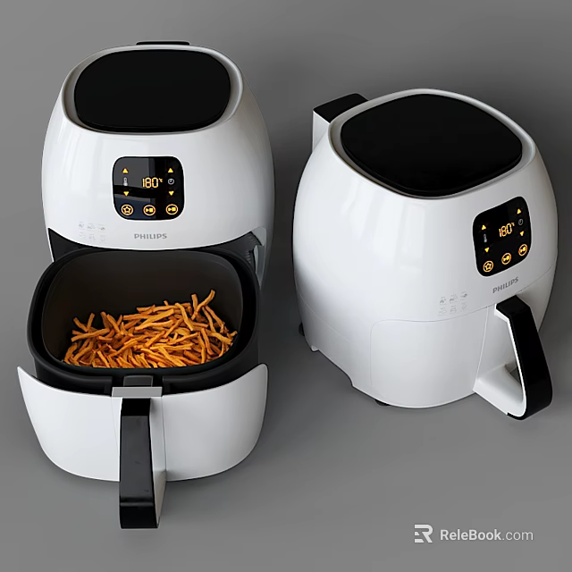 White Air Fryer Kitchen Appliance Featuring Digital Display And Cooking Fries 3d model 
