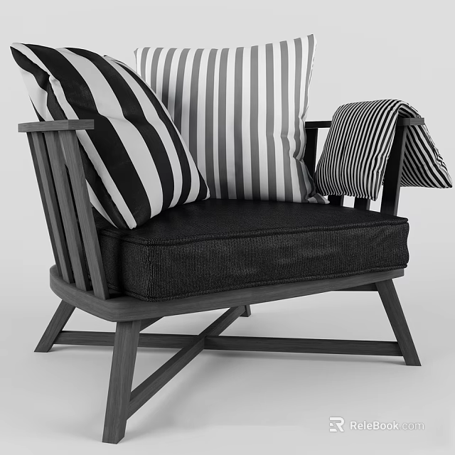 Modern Single Sofa With Wooden Frame Black Cushion And Striped Pillows 3d model 