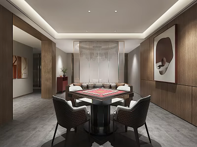 Elegant Hotel Mahjong Room Interior With Round Table Comfortable Chairs And Decorative Paintings 3d model