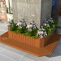Wooden Outdoor Chair with Planter Box Green Plants and Pink Flowers in Garden Setting