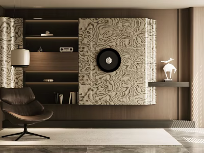 Modern Entryway Hallway Interior With Geometric Pattern Wall Wooden Shelves And Accent Chair 3d model