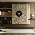 Modern Entryway Hallway Interior With Geometric Pattern Wall Wooden Shelves And Accent Chair