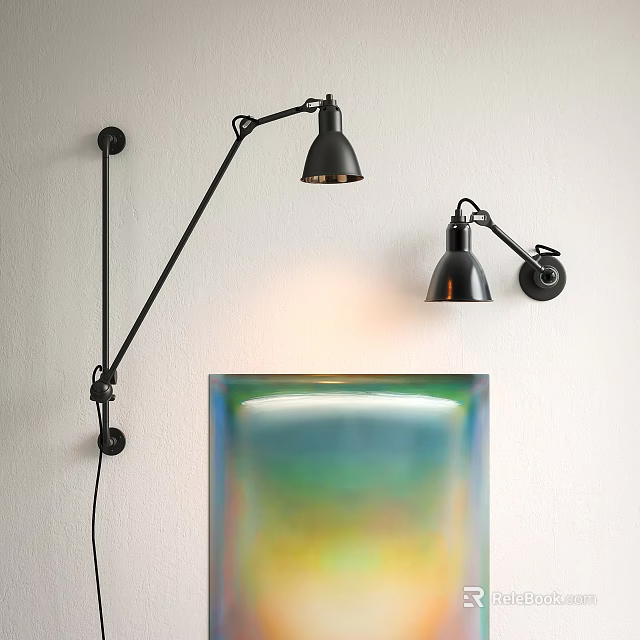 Black Adjustable Arm Wall Lamps Mounted on White Wall with Colorful Painting Below 3d model 