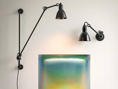 Black Adjustable Arm Wall Lamps Mounted on White Wall with Colorful Painting Below 3d model