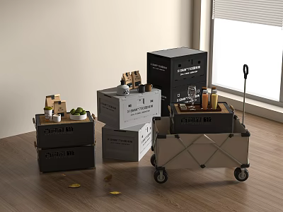Moving Boxes Fragile Box and Wheeled Cart with Items on Wooden Floor 3d model