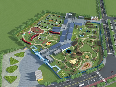 Well Designed Garden Landscape With Buildings Green Spaces Walking Paths And Water Features 3d model