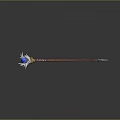 Fantasy Magic Staff With Blue Gemstone White Decorations Red Wooden Shaft And Metal Tip