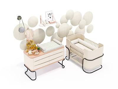 Modern Baby Nursery With Light Colored Crib Dresser And Circular Wall Decor 3d model