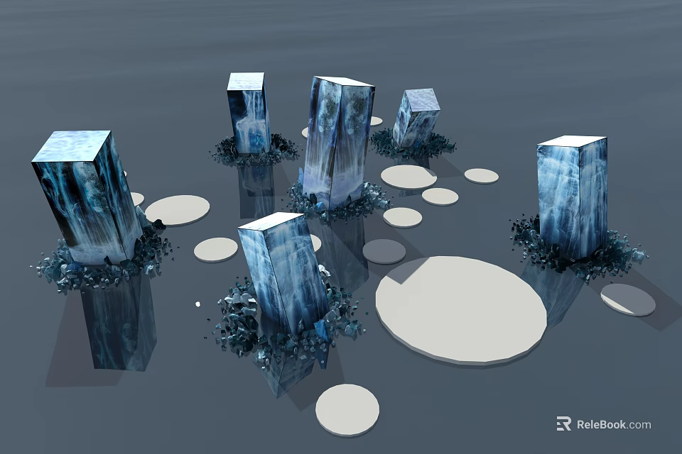 Transparent Blue Cubes With Crystal-like Base And White Circular Platforms On Dark Background 3d model 