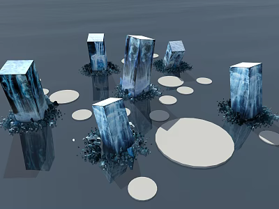 Transparent Blue Cubes With Crystal-like Base And White Circular Platforms On Dark Background 3d model
