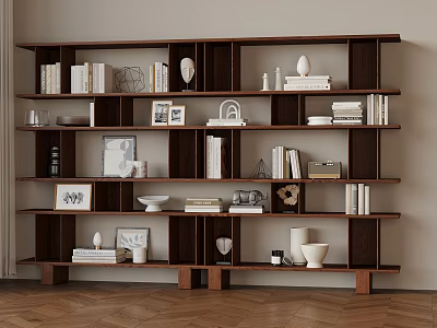 Modern Wooden Bookshelf Interior With Books Decorative Vases And Photo Frames 3d model