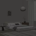 Beige Double Bed With White Gray Pillows Blanket Nightstand Lamp Vase Painting Pendant Light Curtains