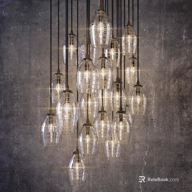 Cluster of Modern Glass Pendant Lights Illuminated Against Industrial Gray Wall 3d model 