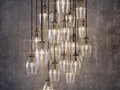Cluster of Modern Glass Pendant Lights Illuminated Against Industrial Gray Wall 3d model