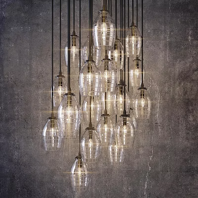 Cluster of Modern Glass Pendant Lights Illuminated Against Industrial Gray Wall 3d model