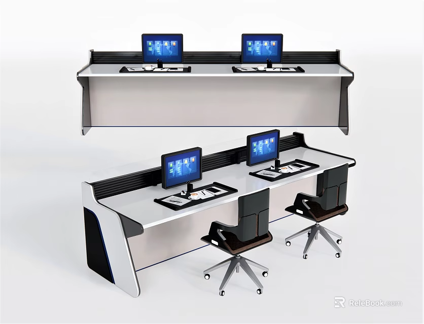 Modern Office Desk Setup With Dual Computer Monitors And Black Office Chairs 3d model 