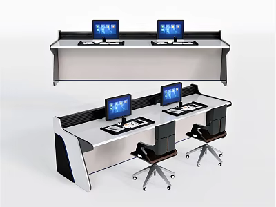 Modern Office Desk Setup With Dual Computer Monitors And Black Office Chairs 3d model