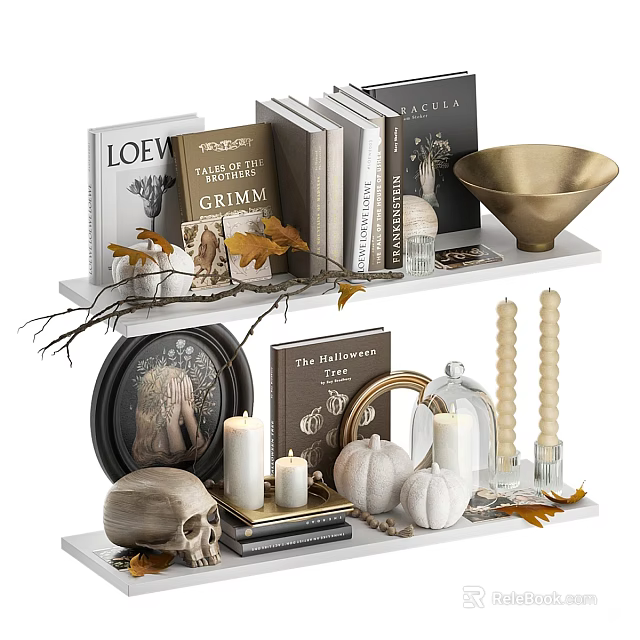 Ornamental Decor Set With Books Candles Pumpkins And Golden Bowl On Shelf 3d model 