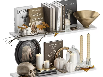 Ornamental Decor Set With Books Candles Pumpkins And Golden Bowl On Shelf 3d model