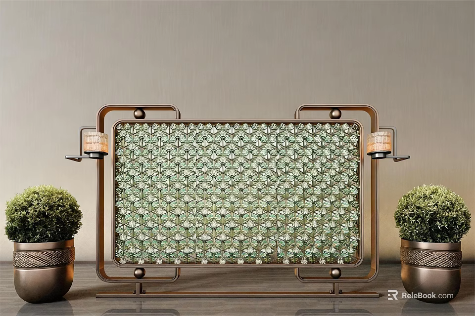 Elegant Room Divider With Metal Frame Green Diamond Pattern Side Wall Lamps And Potted Plants 3d model 