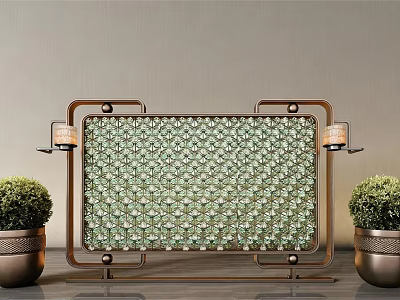 Elegant Room Divider With Metal Frame Green Diamond Pattern Side Wall Lamps And Potted Plants 3d model