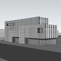 Modern Sales Office Building with Striped Glass Facade on Street with Vehicles and Trees
