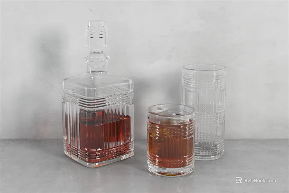 Red Wine Bottle with Filled and Empty Glasses on Gray Countertop Background 3d model