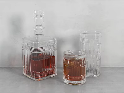 Red Wine Bottle with Filled and Empty Glasses on Gray Countertop Background 3d model