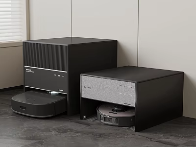 Black Sound System And Robot Vacuum In Modern Home Interior Setup 3d model