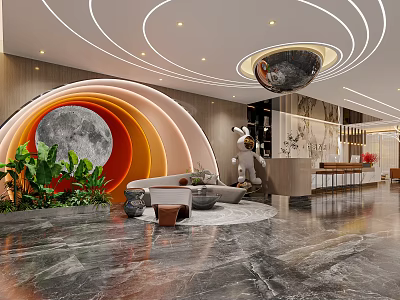 Modern Hotel Lobby With Circular Ceiling Lights Moon Shaped Decor Green Plants And Marble Floor 3d model