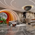 Modern Hotel Lobby With Circular Ceiling Lights Moon Shaped Decor Green Plants And Marble Floor
