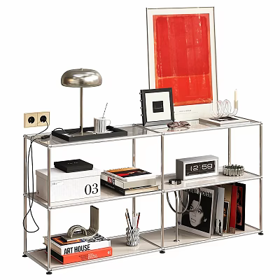 Modern Metal Shelf With Table Lamp Picture Frame Clock Books And Decorative Items 3d model