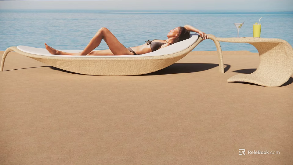 Outdoor Rattan Lounge Chair For Relaxing Beachside With Side Table And Drink 3d model 