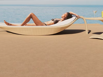 Outdoor Rattan Lounge Chair For Relaxing Beachside With Side Table And Drink 3d model