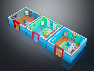 Colorful Three Room Interior Design Layout With Beds Tables And Chairs 3d model