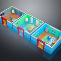 Colorful Three Room Interior Design Layout With Beds Tables And Chairs