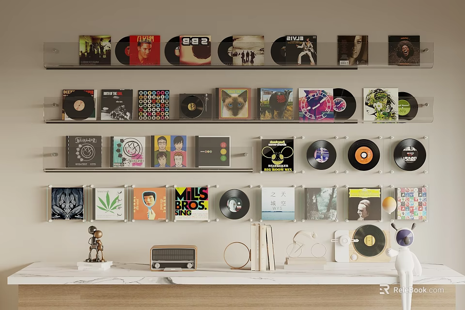 Vinyl Records Collection Display On Wall Shelves With Radio And Decorative Statue 3d model 