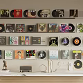 Vinyl Records Collection Display On Wall Shelves With Radio And Decorative Statue